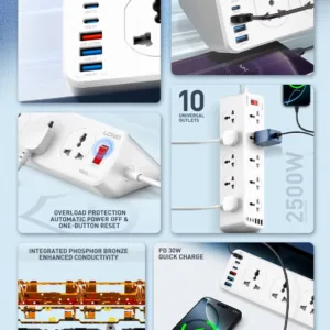 Ldnio SC10610C 10 AC Outlets Universal Power Strip (3USB-C & 3USB-A) (New Edition)