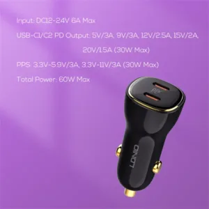 Ldnio C104 60W Dual PD Super Fast Car charger - Type C to C Cable