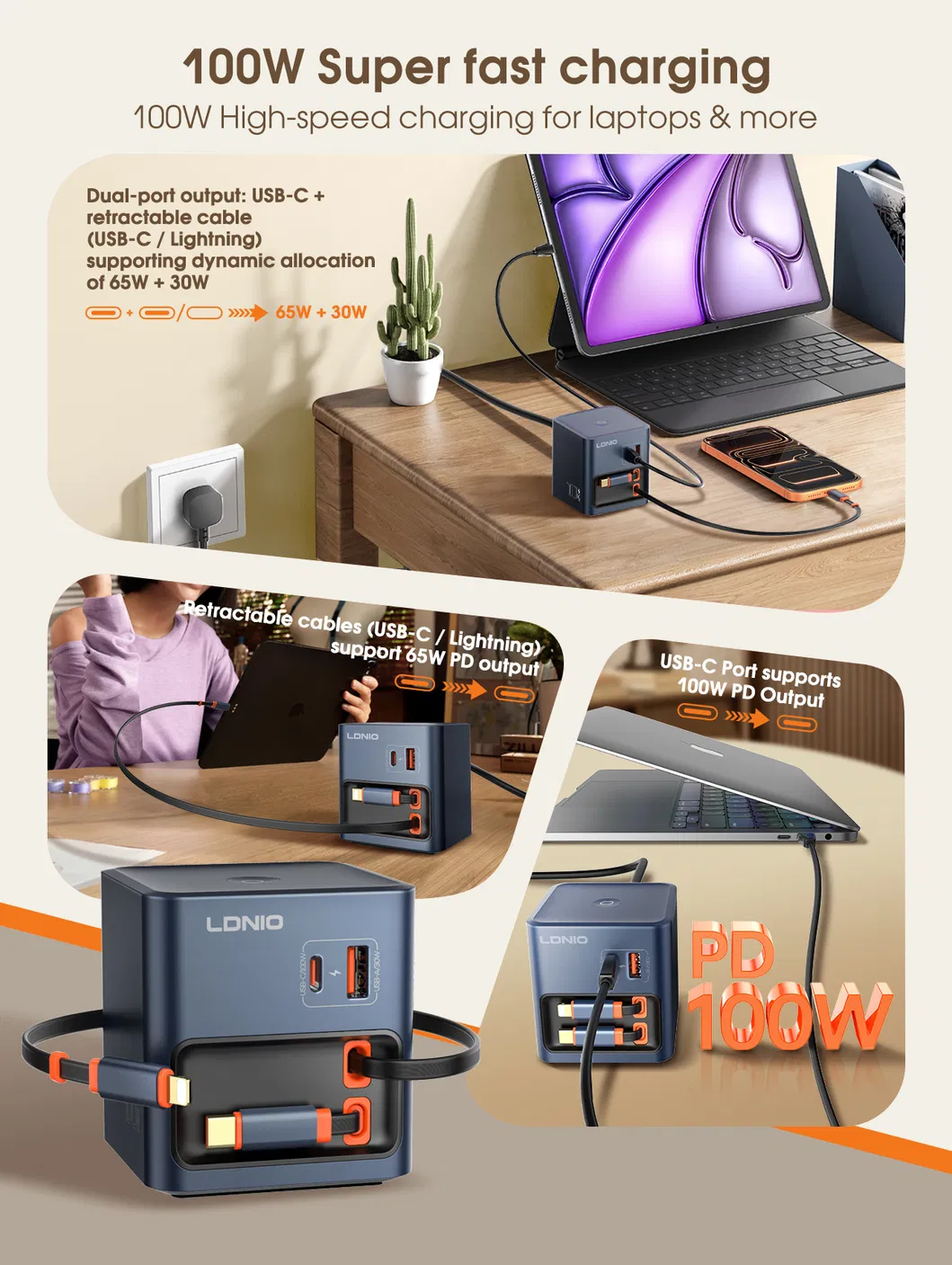 Ldnio Q16 100W GaN Desktop Fast Charger with 80cm Retractable USB C Lighting Cables