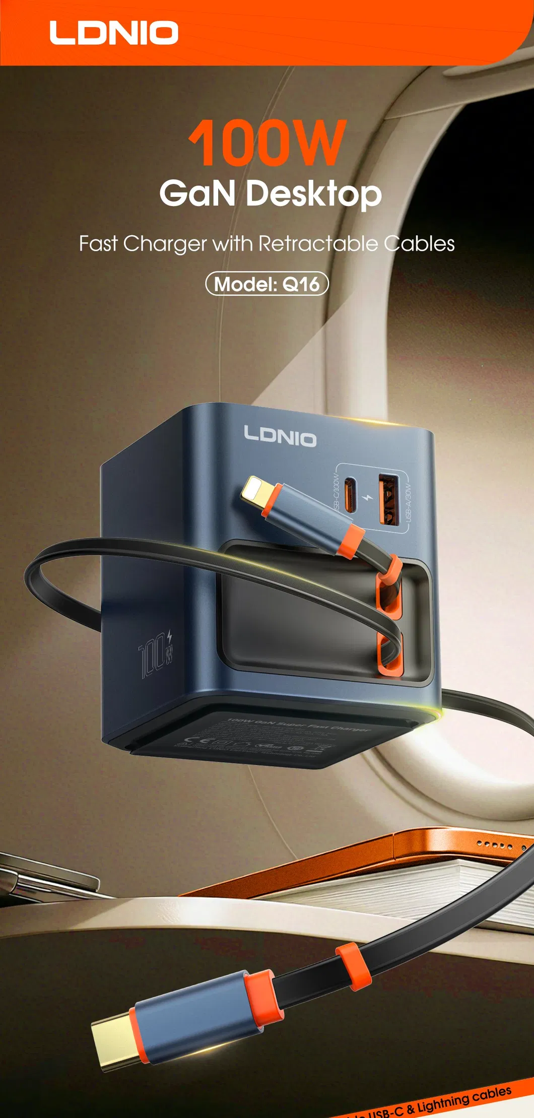 Ldnio Q16 100W GaN Desktop Fast Charger with 80cm Retractable USB C Lighting Cables